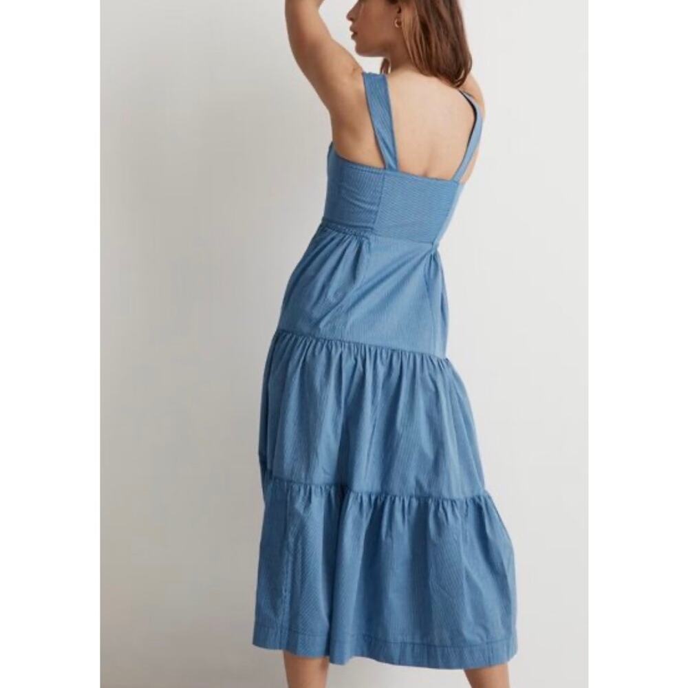 Madewell Tiered Button Front Midi Dress Blue Stripe Cotton 4P Petite Cottage - Picture 2 of 14
